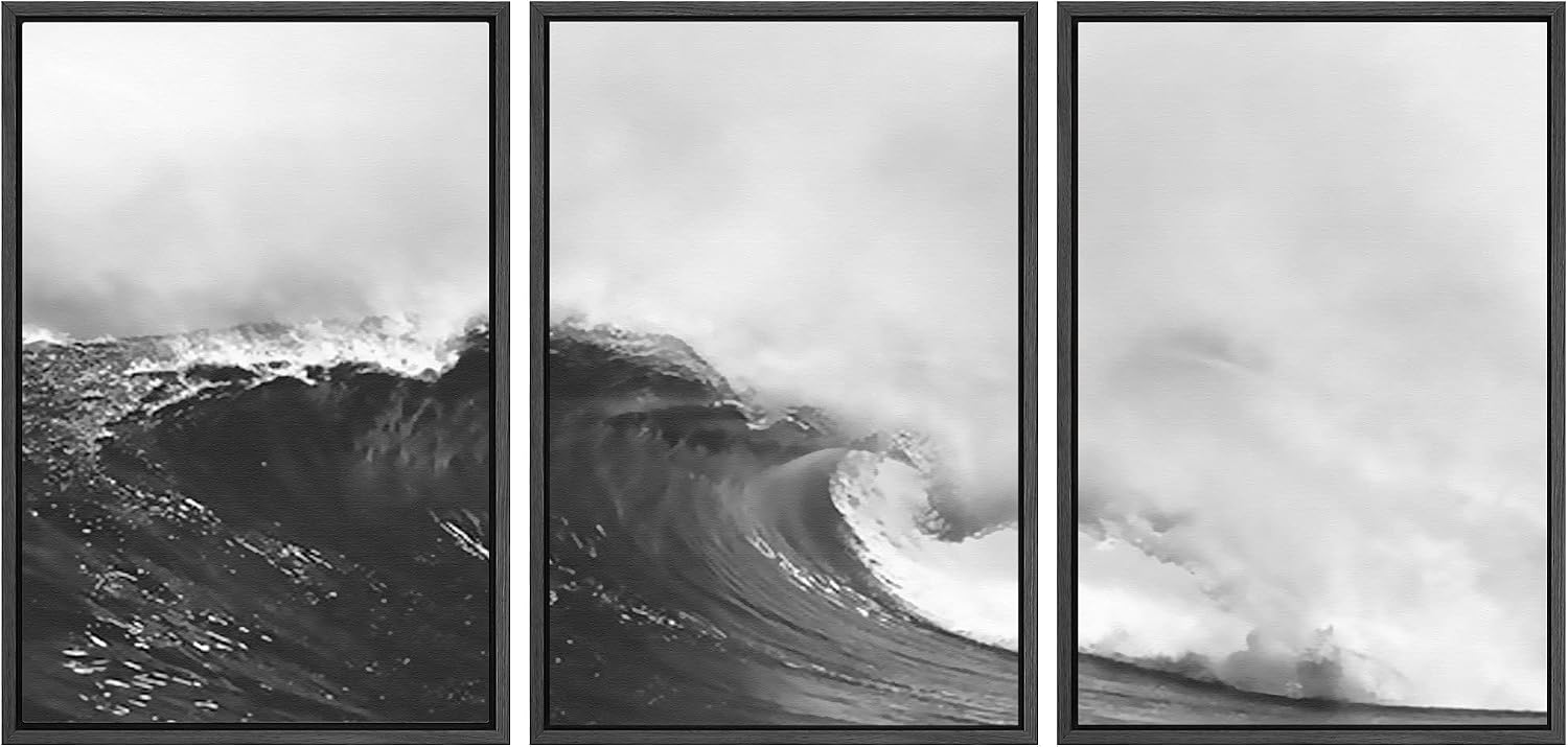 SIGNWIN Framed Canvas Print Wall Art Set Black & White Ocean Beach Waves Nature Wilderness Photography Modern Art Landscape Relax/Calm for Living Room, Bedroom, Office - 24'x36'x3 Black