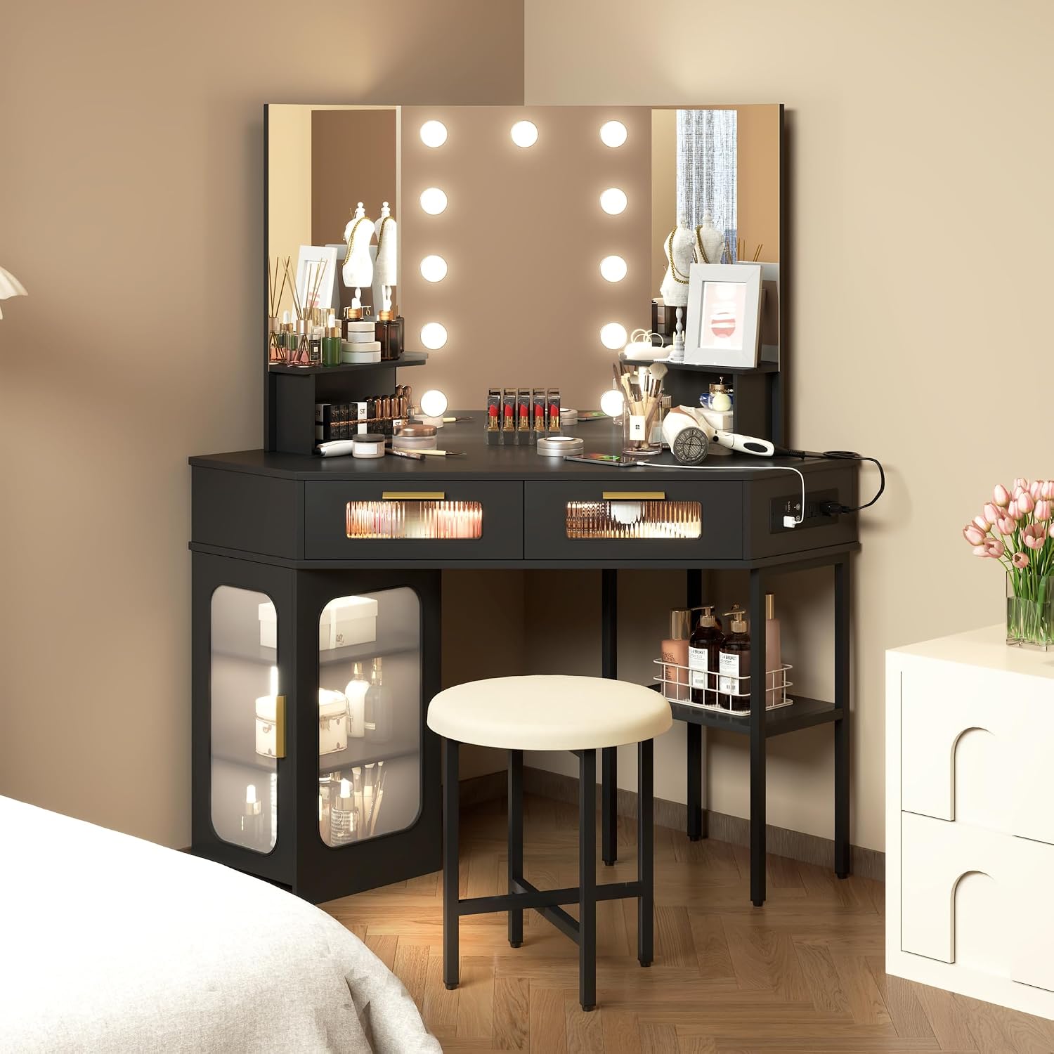 Lareth Corner Vanity Desk with 3 Way Mirror and Lights, Modern Makeup Vanity with Charging Station, Stool, 45.5' Large Bedroom Dressing Table with 2 Drawers & Shelves, Gifts for Girls Women, Black