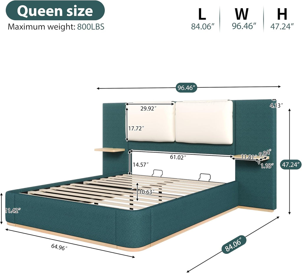 Green Bed Frame with Soft Upholstered Storage Tall Headboard, Queen Size Floor Platform Bed Frames, Anti-Collision Curved Footboard Bedroom Sets,No Box Spring Needed (Green, Queen)