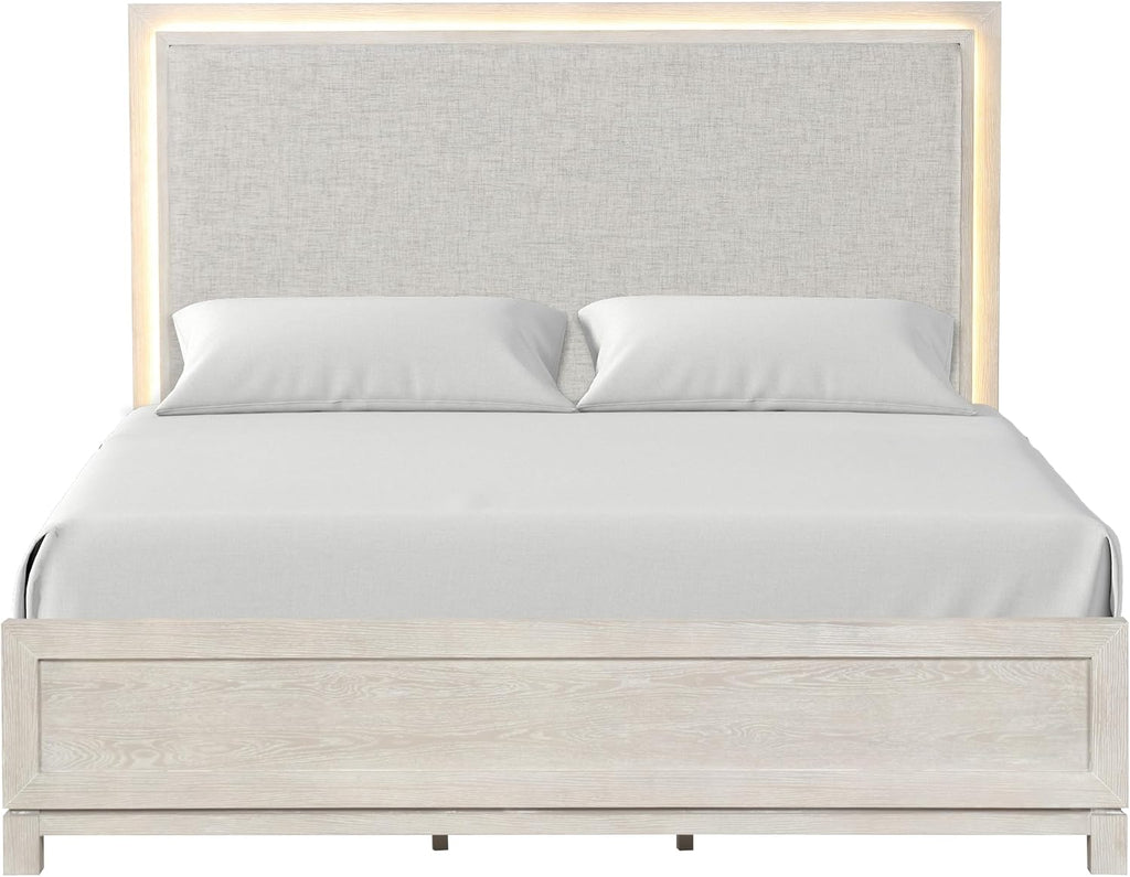 Furniture of America Bailer Modern Solid Wood 3-Piece Bedroom Set with LED on Headboard, Stainless Steal Posts and Marble Top on Nightstand, Box Spring Needed, Queen, Weathered Gray