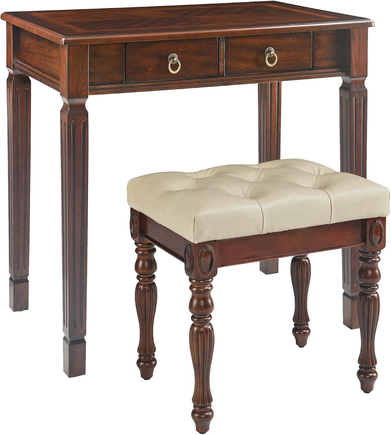 Solid Wood Makeup Vanity Table Set, 31.5' Wide Dressing Vanity Table with 2 Drawers and Vanity Bench Stool Writing Desk with Solid Wood Legs & Button Tufted Cushioned Stool, Cherry&Beige