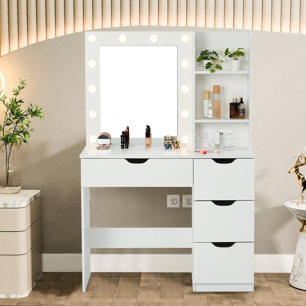 Modern Vanity Makeup Desk with Vanity Mirror, Built-in Lights, 4 Drawers, Crystal Ball Knobs, Power Outlet, White Makeup Desk for Bedroom