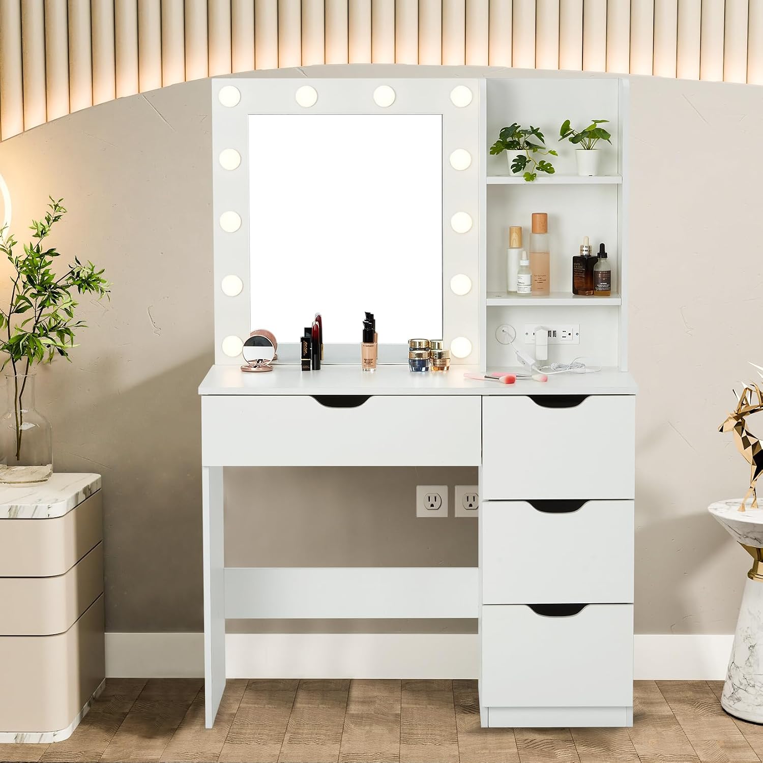 Modern Vanity Makeup Desk with Vanity Mirror, Built-in Lights, 4 Drawers, Crystal Ball Knobs, Power Outlet, White Makeup Desk for Bedroom