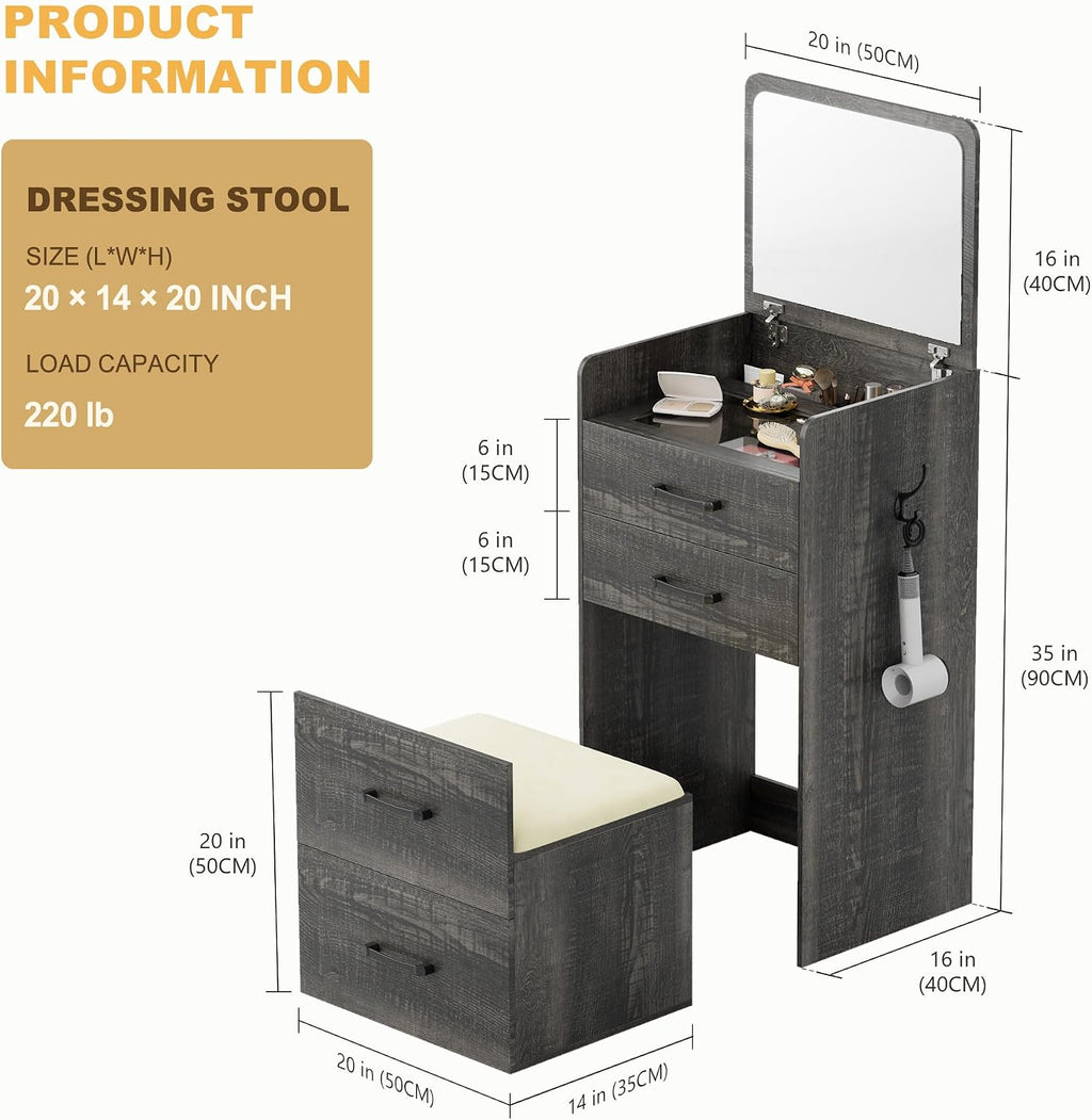 Lvifur Small 3-in-1 Vanity Desk with Mirror, Compact Makeup Table w/Cushioned Stool, Modern Grils' Dressing Table Vanity Set for Bedroom (Dark Rustic Oak)