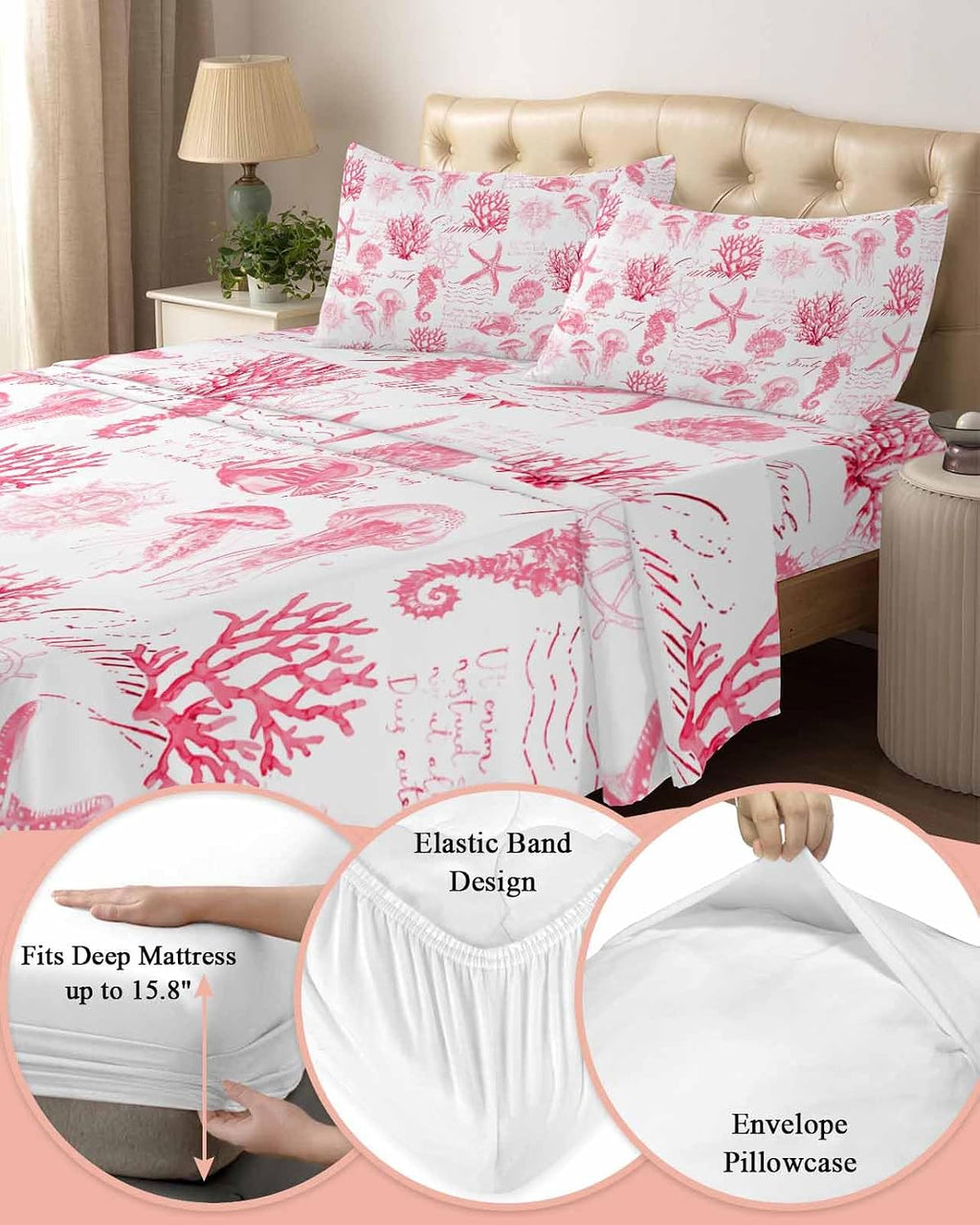 Pink Ocean Coastal Cal King Sheet Set 4 Piece Bedding - Nautical Starfish Jellyfish Coral Breathable Comfy Cooling Bed Sheets & Pillowcase Sets,Hotel Luxury Flat Sheets Deep Pockets Fitted Sheet