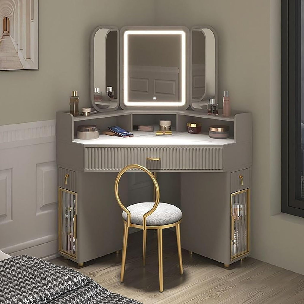UPGENT Corner Makeup Vanity Table with Tri-fold Illuminated Mirror, Vanity Desk with Large-Capacity Secondary Cabinet, Bedroom Dressing Table with Stool for Small Spaces (Color : Gray, Size : 70CM)