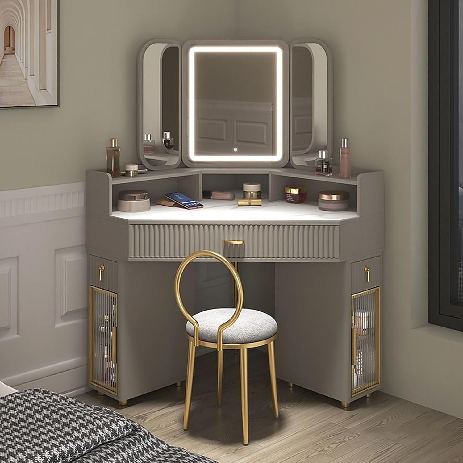 UPGENT Corner Makeup Vanity Table with Tri-fold Illuminated Mirror, Vanity Desk with Large-Capacity Secondary Cabinet, Bedroom Dressing Table with Stool for Small Spaces (Color : Gray, Size : 70CM)