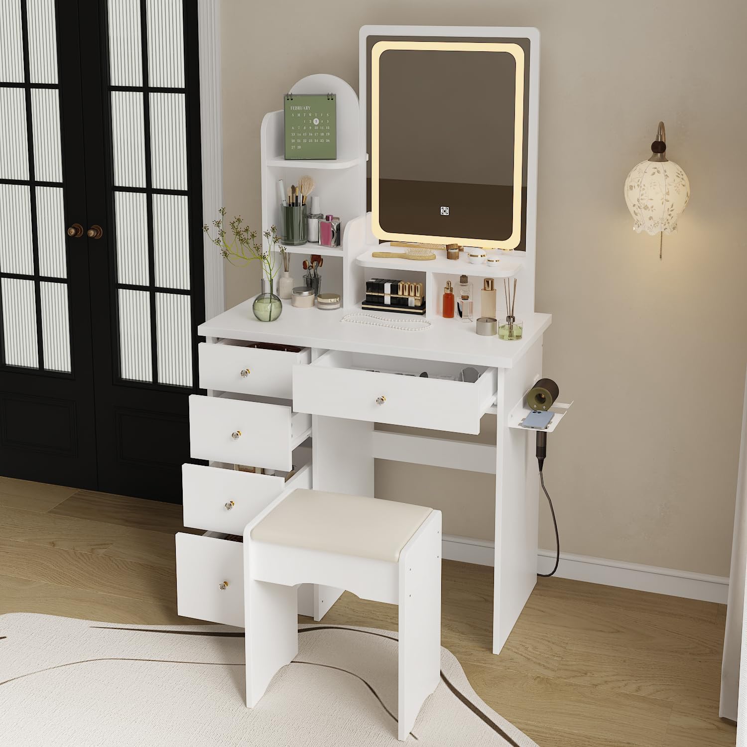 WOODTIME Vanity Set with LED Lighted Mirror, Power Outlet, Vanity Dressing Table with 5 Drawers & Shelves, Makeup Desk with Cushioned Stool for Bedroom, White