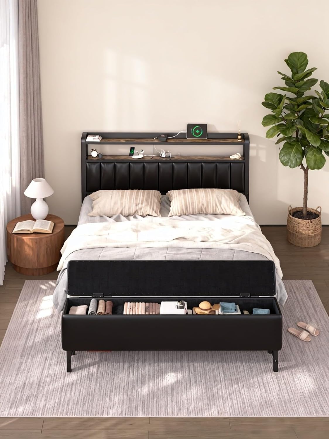 LOEWAY Full Size Bed Frame with Headboard & Star Projector, Upholstered Metal Frame with Charging Station, Heavy Duty Bed Frame with Storage Ottoman, Noise-Free, No Box Spring Needed, Black/