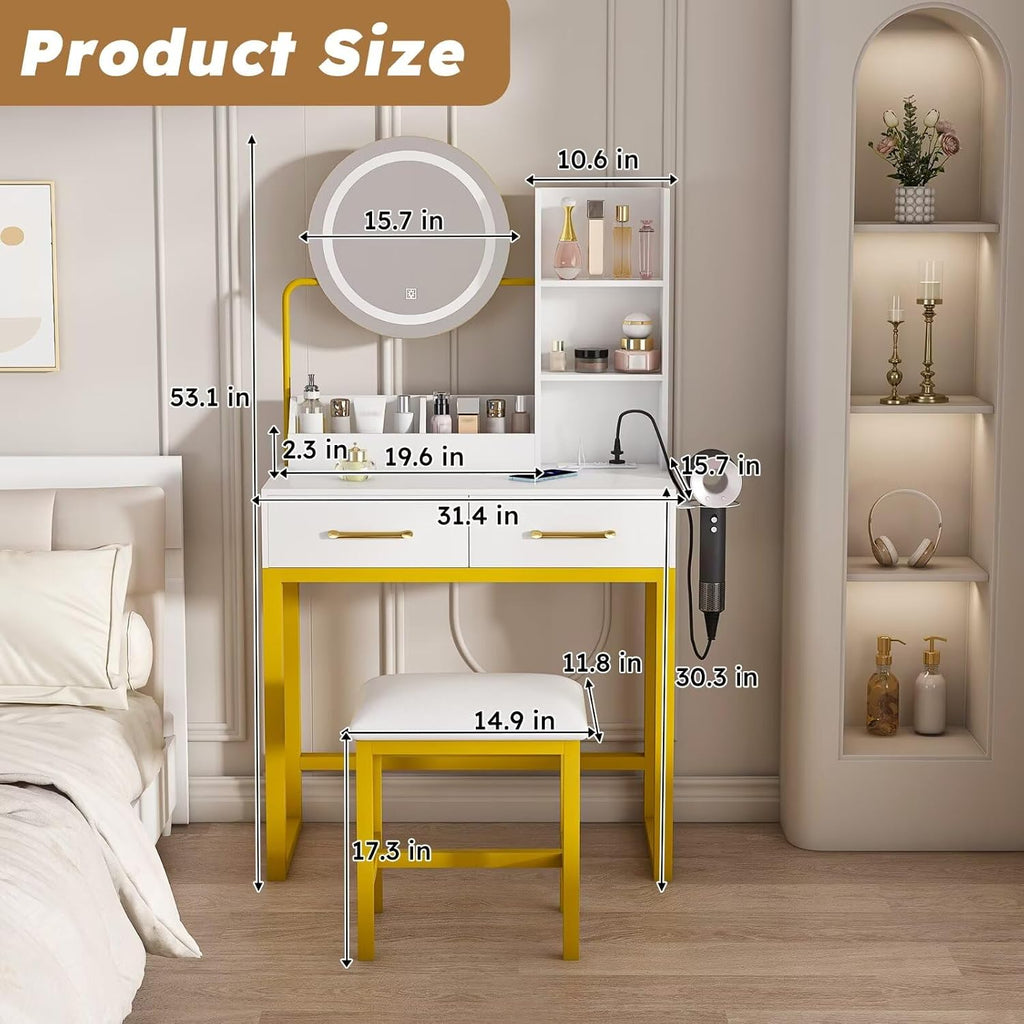Makeup Vanity with LED Lights&3 Color and Power Outlet Makeup Vanity Table with 2 Big Drawers with Sturdy Metal Leg and Metal Chair Dressing Table for Bedroom Dressing Room