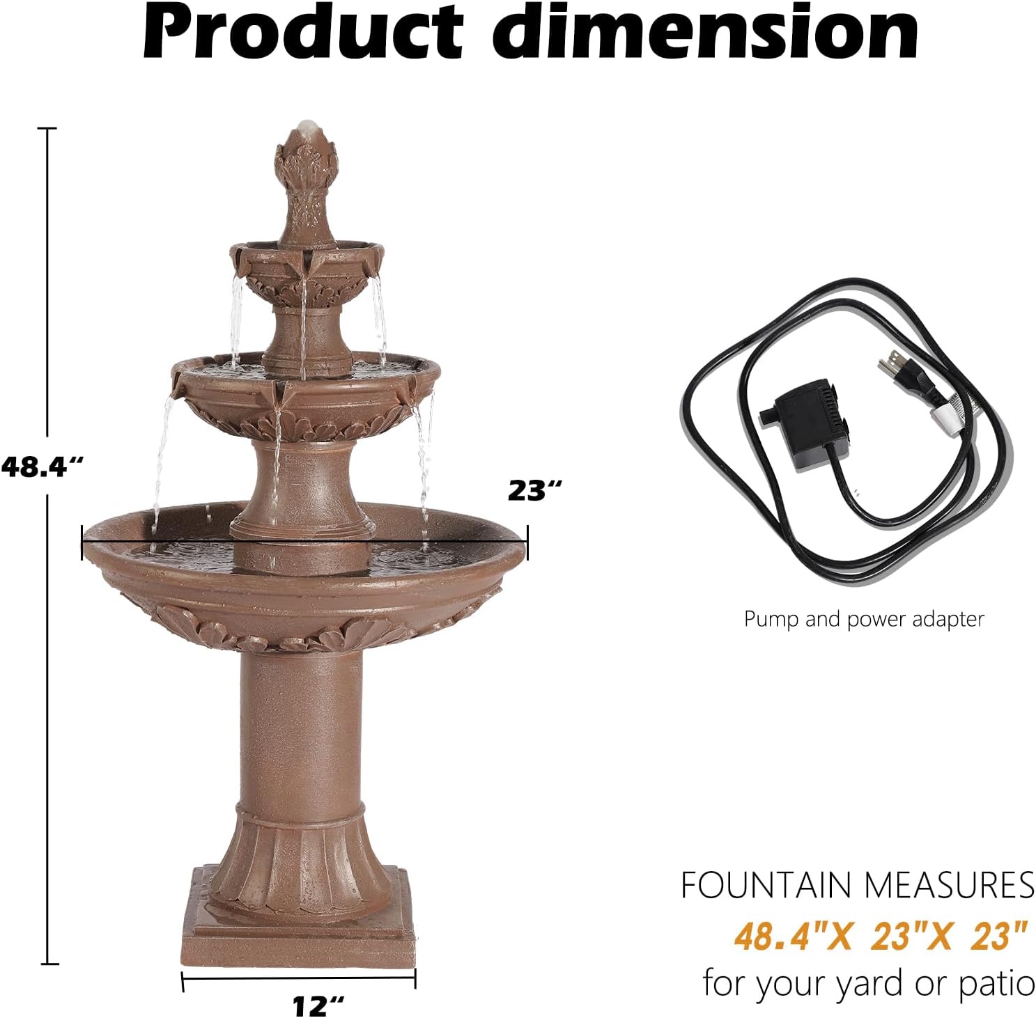 TITIMO 48' High Italian Feature Freestanding Water Fountain Outdoor and Indoor,3-Tier Roman Pillar Waterfalls Fountains for Garden,Patio,Yard,Deck,Backyard,Porch (Brown)