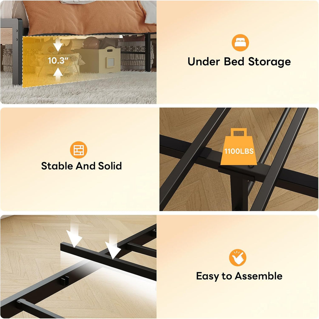 LIKIMIO Twin XL Bed Frame with Storage Headboard and LED Lights, Metal Platform Bed with Charging Station, Noise Free, No Box Spring Needed, Under Bed Storage, Natural and Cream