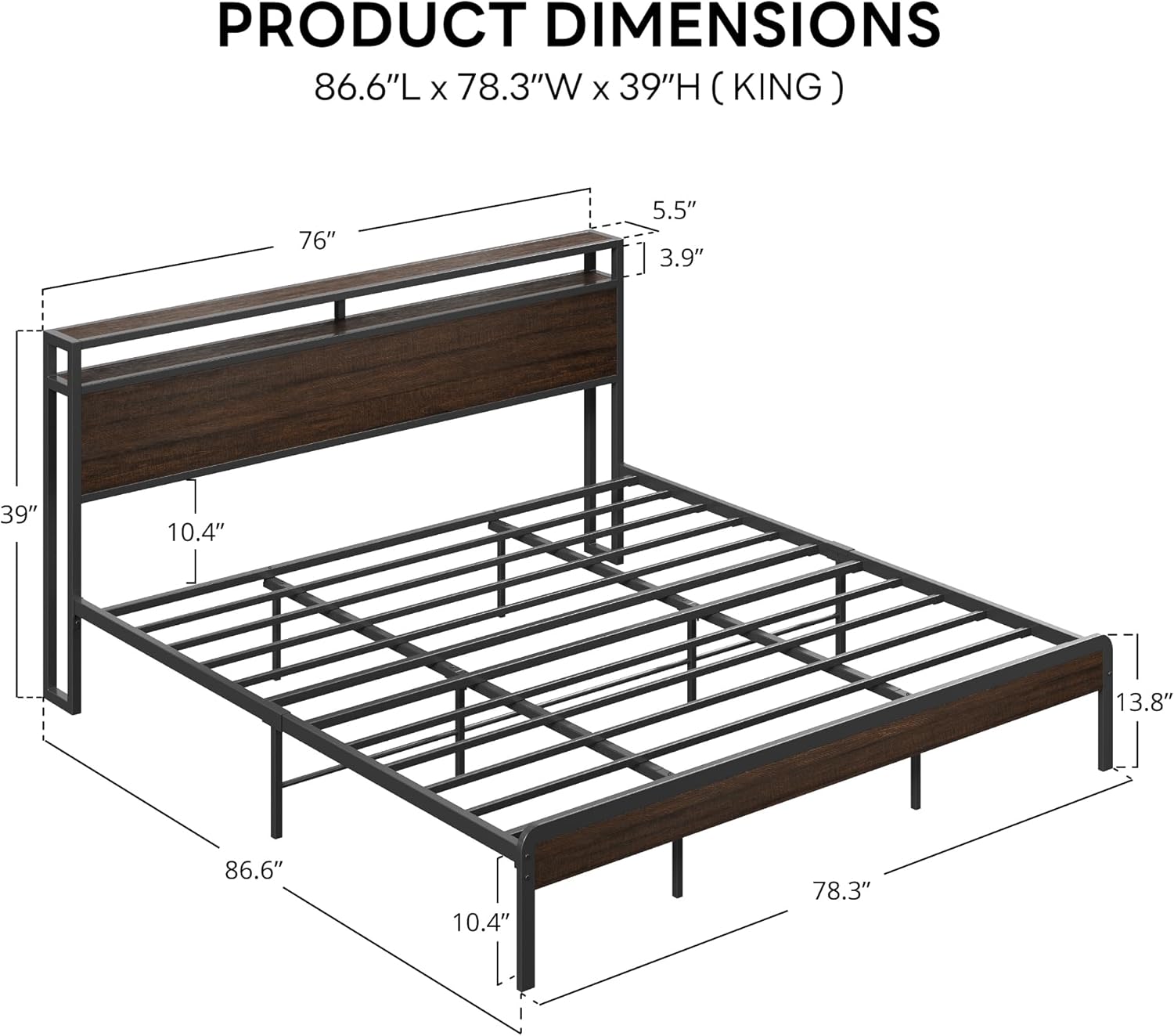 LIKIMIO King Bed Frame with Headboard, Dark Wood Camas King with Strong Supports, Sturdy, Noise-Free, No Box Spring Needed, Dark Brown