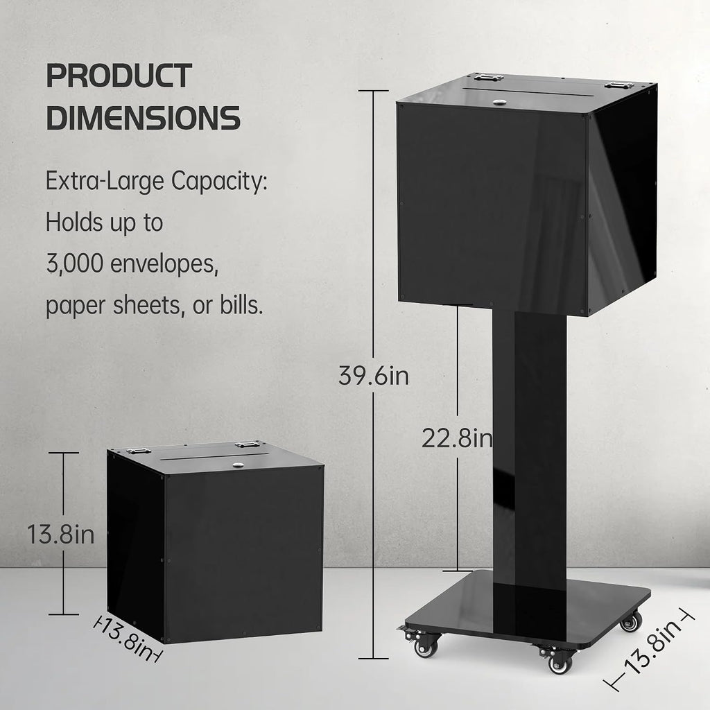 Acrylic Donation Box with Stand on Wheels, Mobile Locking Offering Box for Church & Charity, Private Standing Suggestion Box with Casters for Office, Large Floor Ballot Box, Tithe Box (Opaque Black)
