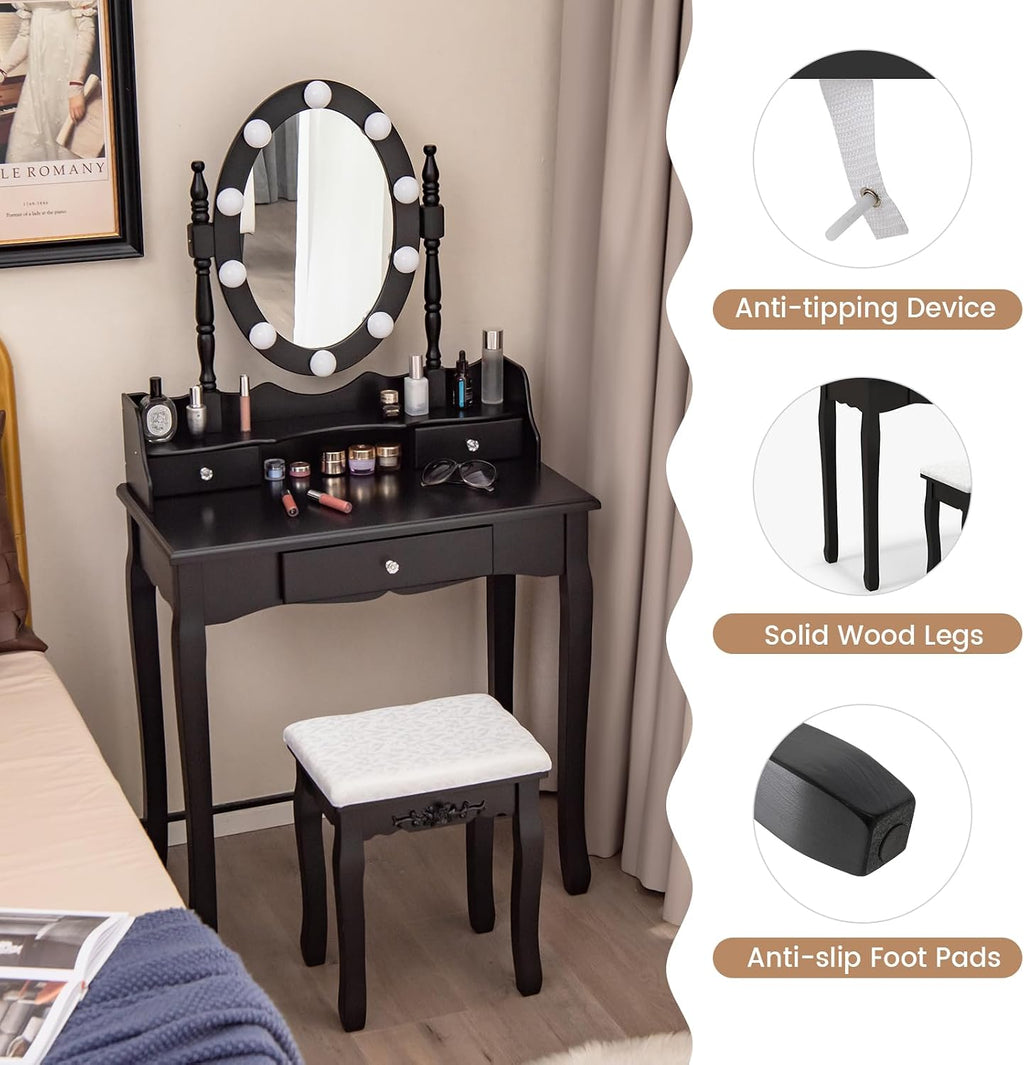 GOFLAME Vanity Table Set with Rotatable Mirror, Makeup Vanity Desk with 3-Color Dimmable LED Lights, 3 Drawers and Cushioned Stool, Dressing Table Set for Bedroom Studio (Black)