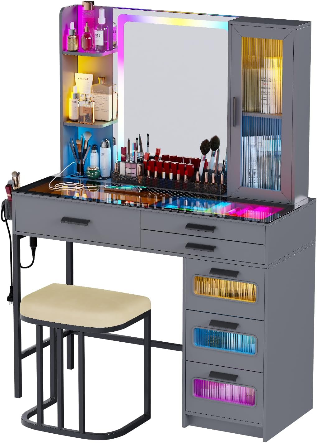 Grey Makeup Vanity Desk with Mirror and Lights,Vanity Table Set with Charging Station, Dressing Table with RGB Cabinets,Girls Vanity with Makeup Organizer and Drawers