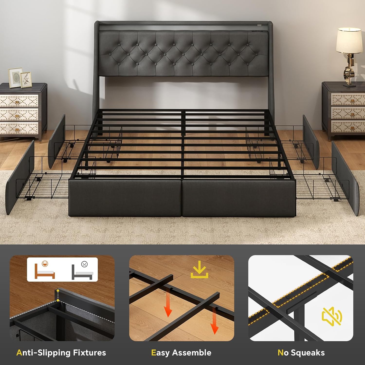 SADENICEL Full Size Bed Frame with Storage Headboard and 4 Drawer, Metal Full Bed Frame Platform with LED Light, Charging Station, No Box Spring Needed, Noise Free, Easy Assembly, Grey