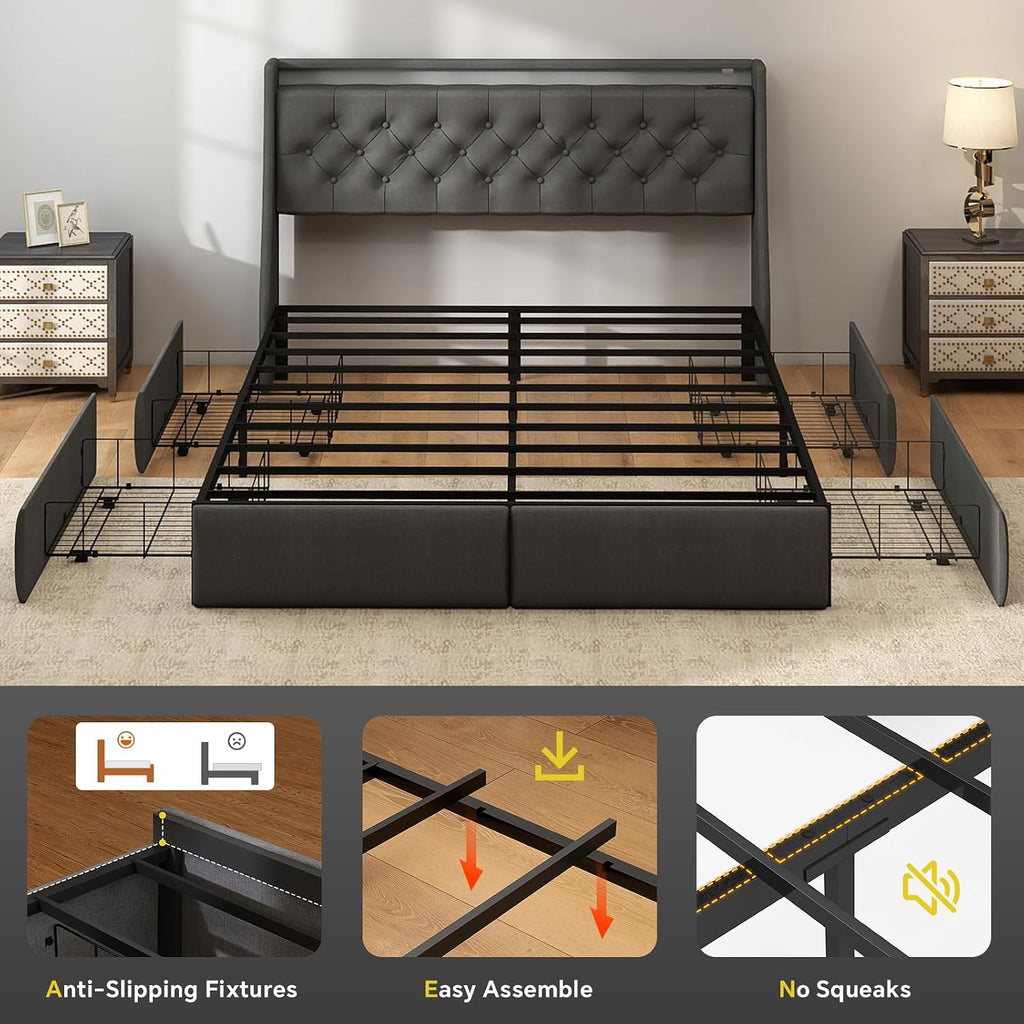 SADENICEL Queen Bed Frame with Storage Headboard and 4 Drawer, Metal Platform Bed Frame Queen Size with LED Light, Charging Station, No Box Spring Needed, Noise Free, Easy Assembly, Grey