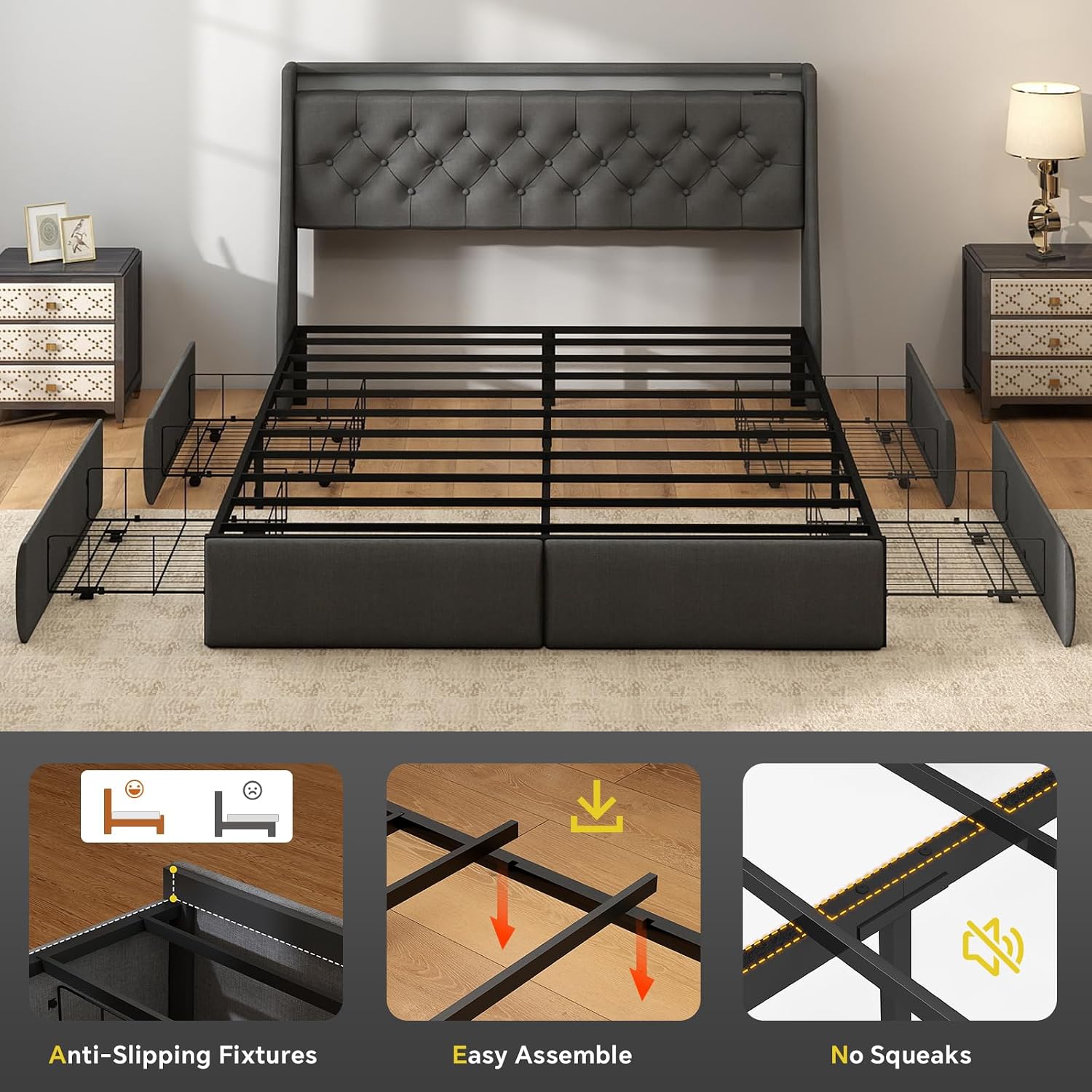 SADENICEL Queen Bed Frame with Storage Headboard and 4 Drawer, Metal Platform Bed Frame Queen Size with LED Light, Charging Station, No Box Spring Needed, Noise Free, Easy Assembly, Grey