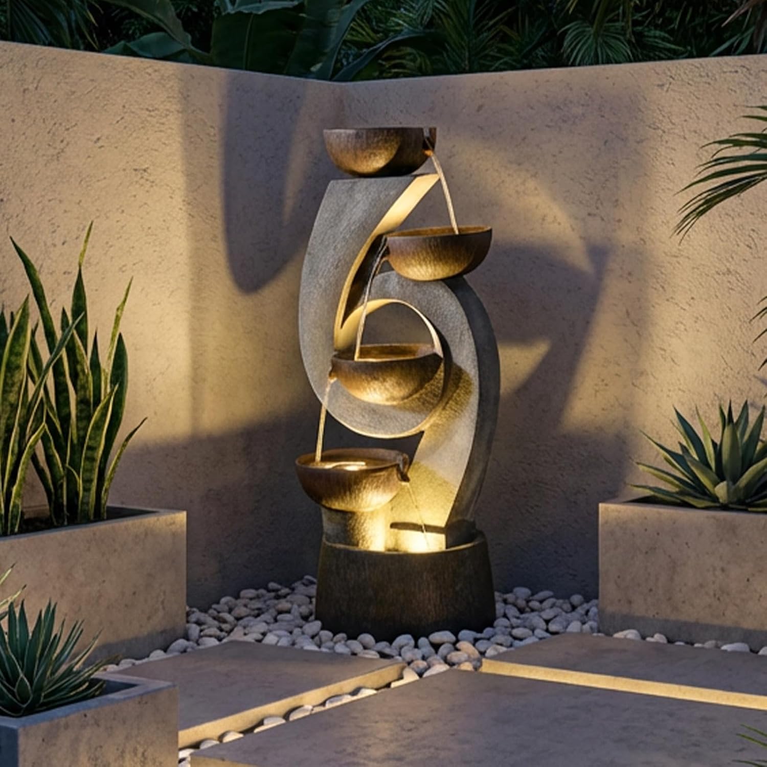 Bumilgar 46.8'H Outdoor Water Fountain Garden, Multi-Tier Waterfall Fountain Water Feature with Lights for Patio, Garden & Porch