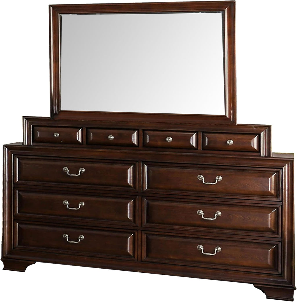Benjara Lio Four PC King Size Bedroom Set - Cherry Brown Wood Inlay/Silver