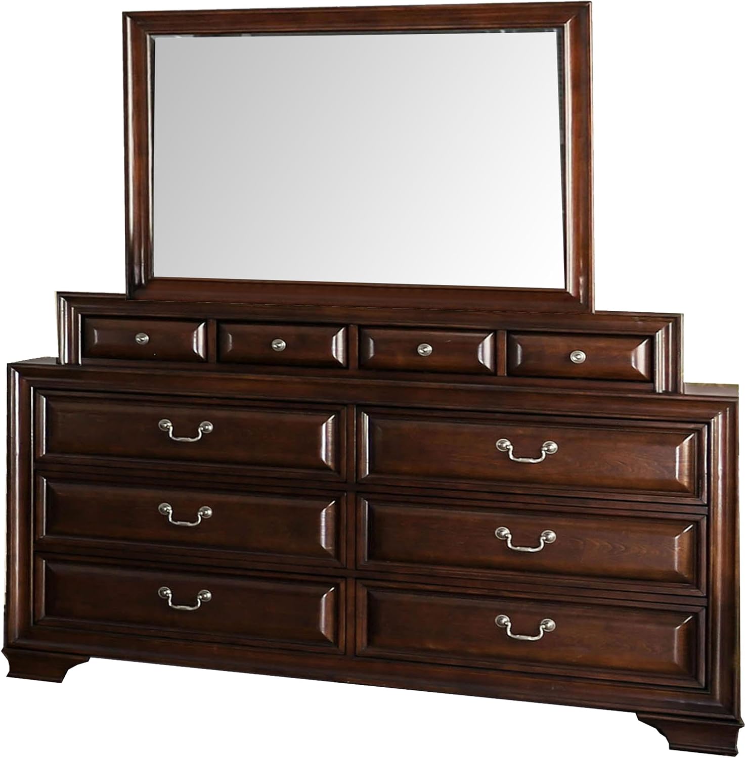 Benjara Lio Four PC King Size Bedroom Set - Cherry Brown Wood Inlay/Silver