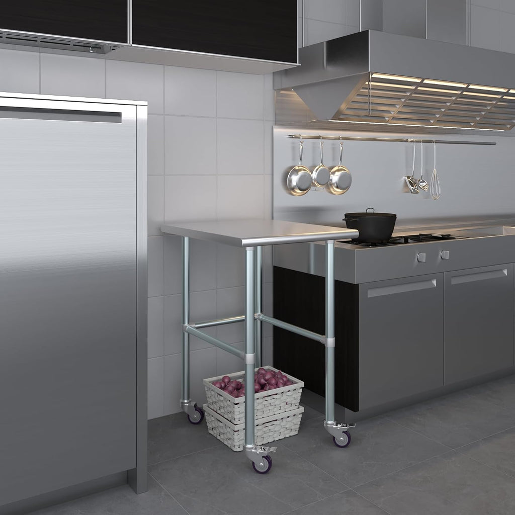 AmGood Stainless Steel AMG-WT-3024-RCB-WHEELS-MGL2Table Open Base + Casters, 24' Long x 30' Deep