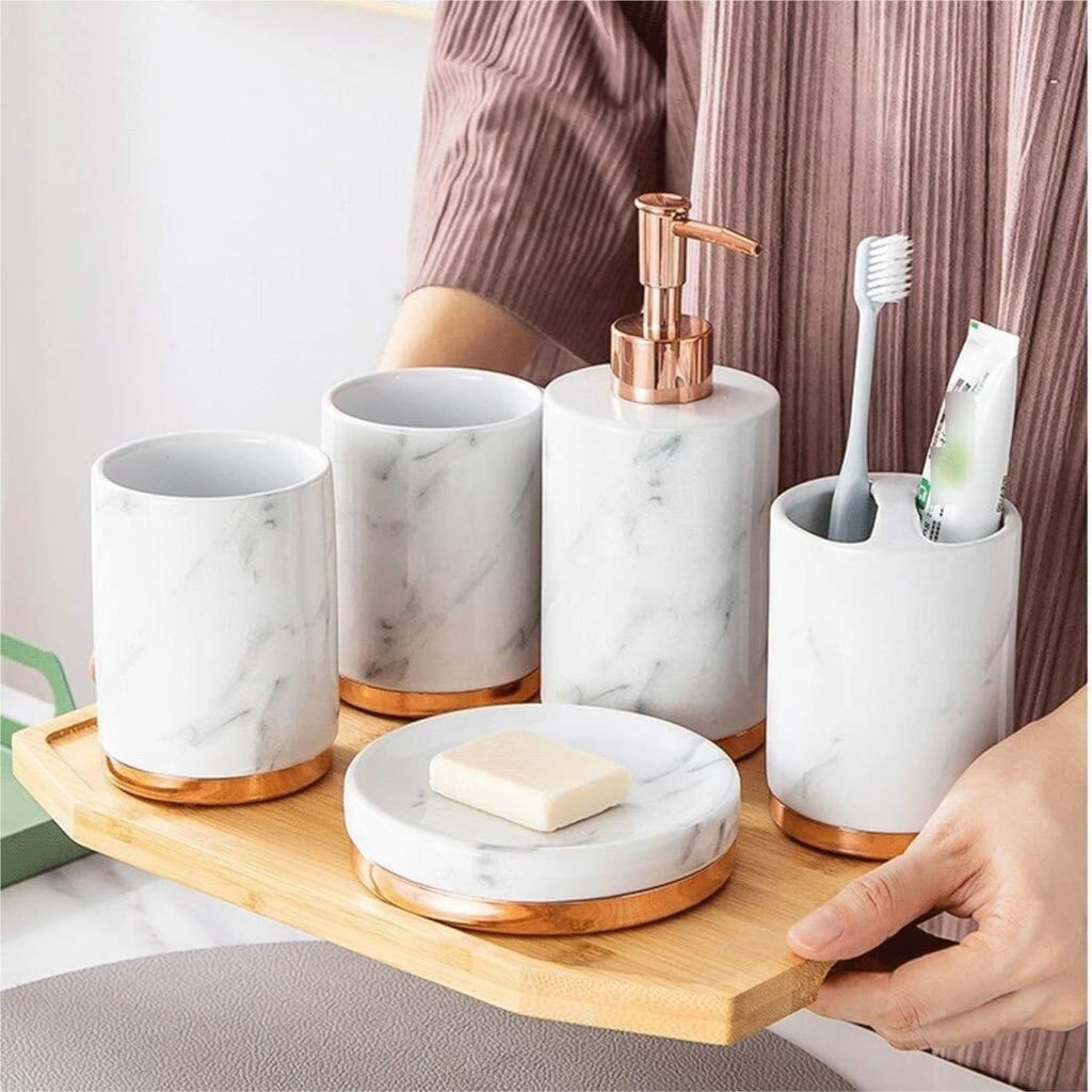 Vanity Bathroom Decor, 5 Piece Bathroom Accessory Set with Metal Base Marble Pattern Bathroom Sets Accessories Soap Dispenser Housewarming Gift