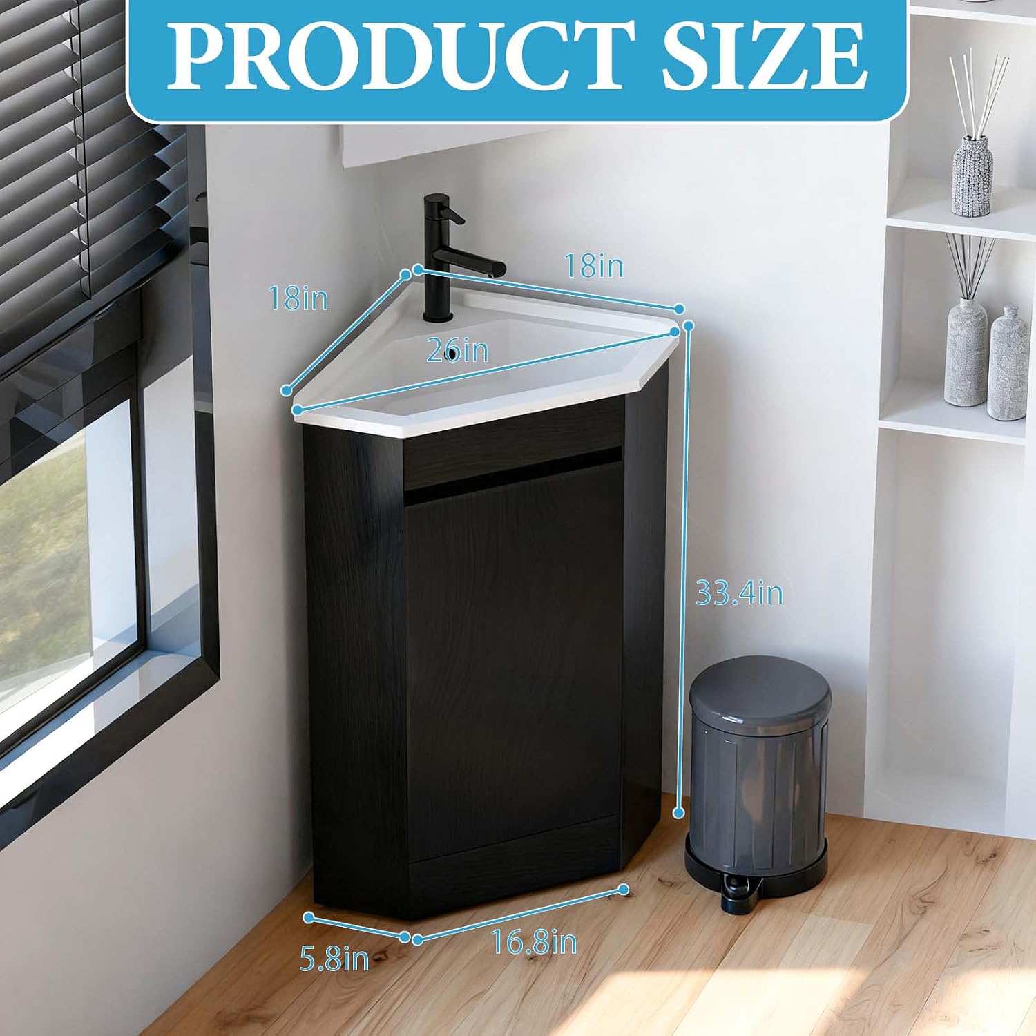 26' Corner Bathroom Vanity with Ceramic Sink for Small Space Freestanding Bathroom Cabinet Sink Combo with Shelf Modern Storage Cabinet with Console Sink Compact Space Small Utility Sink with Drain