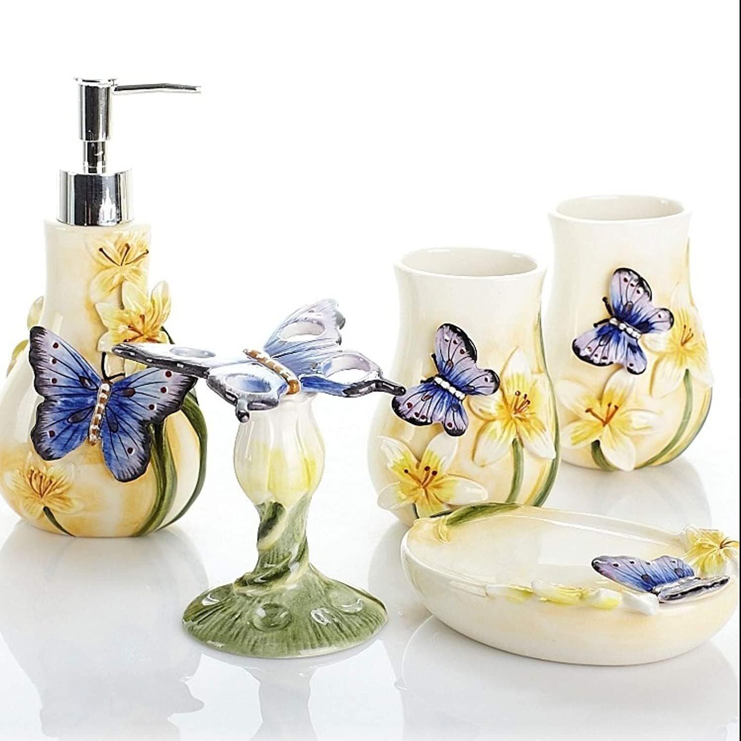 Vanity Bathroom Decor, Three Dimensional Relief Bathroom Accessories Set 5-Piece Ceramics Bath Accessory Butterfly Pattern Set Housewarming Gift