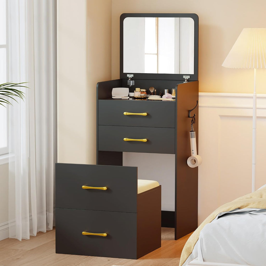 3 in 1 Make Vanity Desk with Flip Top Mirror,Glass Top Makeup Vanity Table with Cushioned Stool,Small Dressing Table with 3 Drawers,Compact Vanity Set for Apartment,Dormitory(Black)