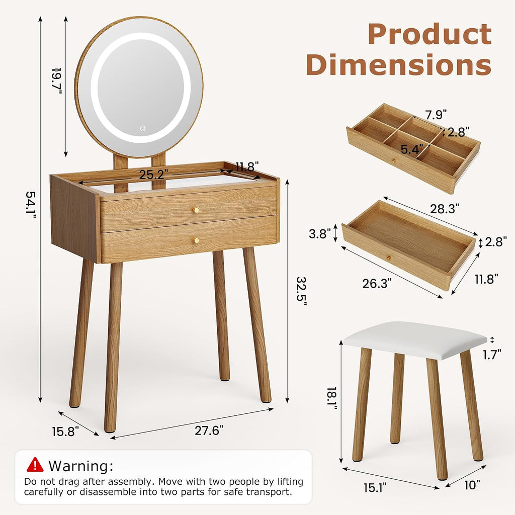 Glass Top Vanity Desk with Mirror and Lights, Small Makeup Table with Cushioned Stool, 2 Drawers Compact Vanity for Small Spaces with 6 Grid Organizer, 3 Lighting Modes, Natural Oak