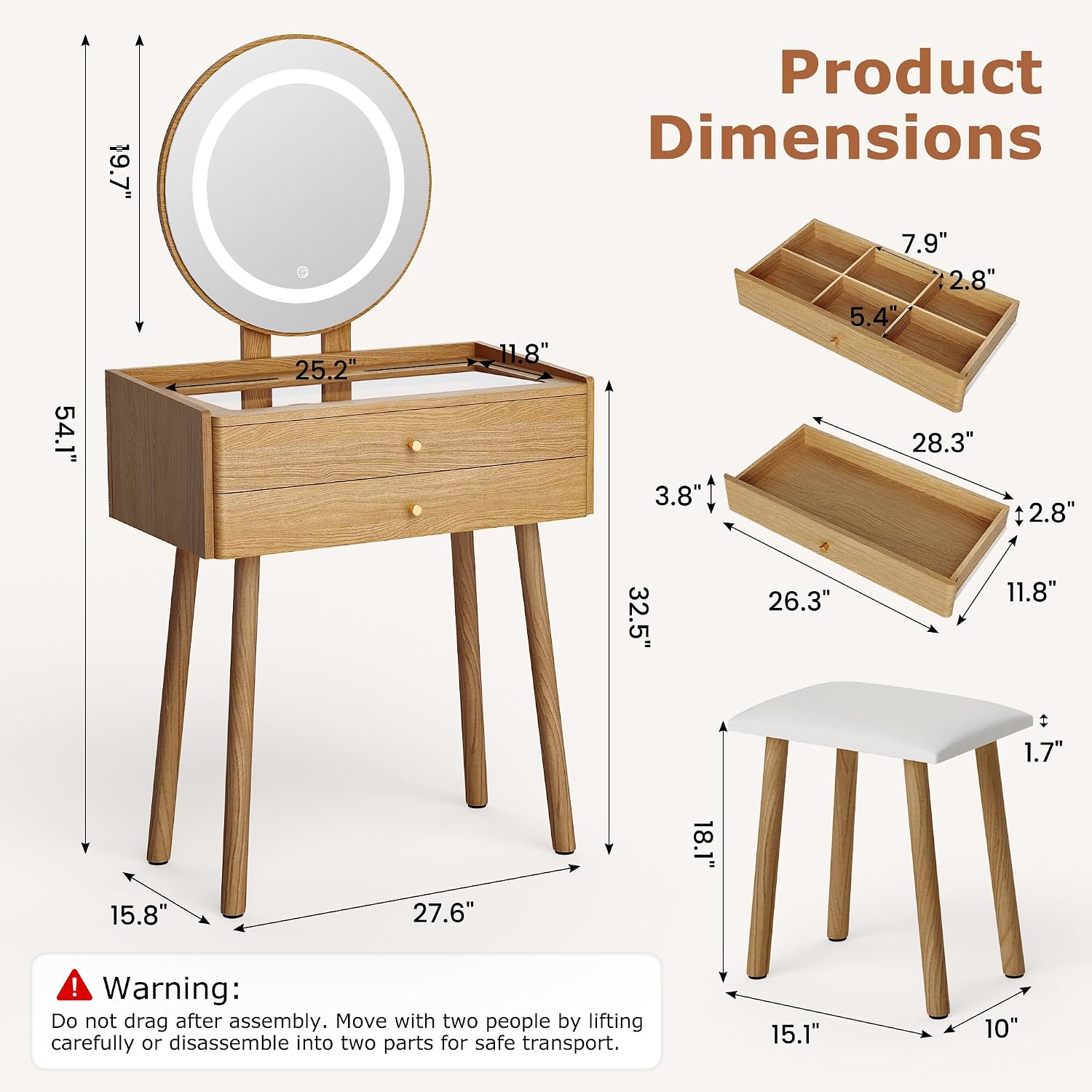 Glass Top Vanity Desk with Mirror and Lights, Small Makeup Table with Cushioned Stool, 2 Drawers Compact Vanity for Small Spaces with 6 Grid Organizer, 3 Lighting Modes, Natural Oak