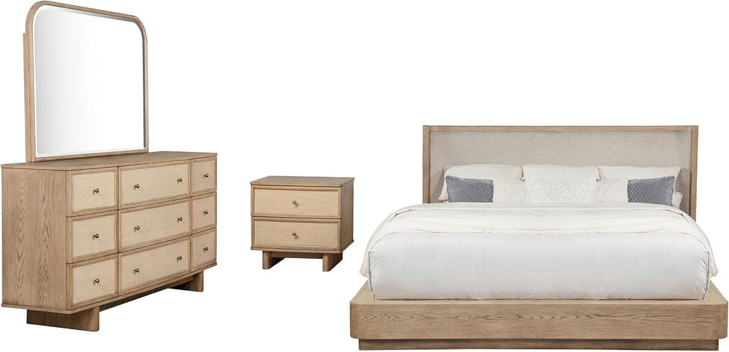 Coaster Home Furnishings Kailani Coastal 4-Piece Bedroom Set Fabric Upholstered Eastern King Size Wingback Bed Frame 49-inch Headboard Beige Oak 225041KE-S4