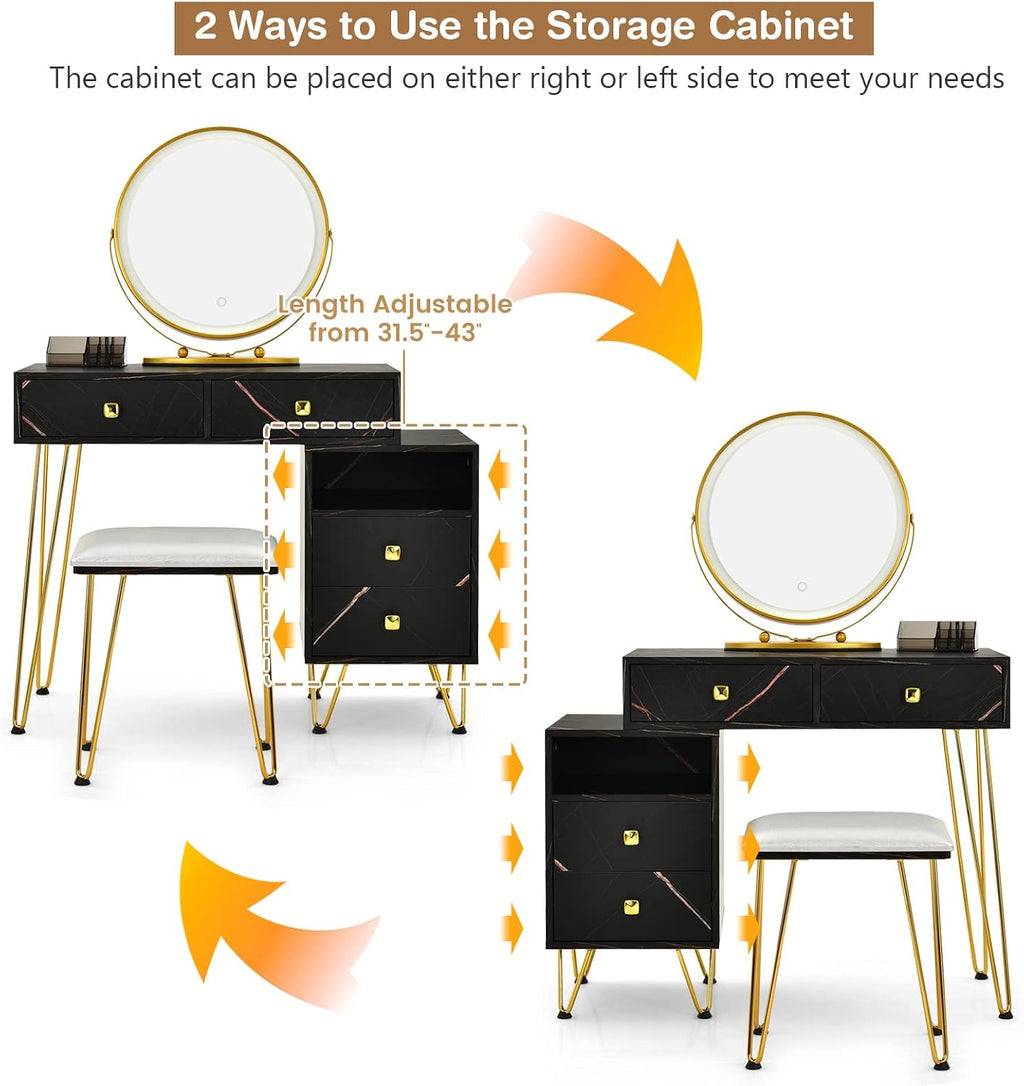 CHARMAID Vanity Desk with Reversible Side Cabinet, Makeup Vanity Table with Lighted Mirror, 3 Color Lights, 4 Drawers, Bedroom Dressing Table with Nightstand and Stool, Marble Black