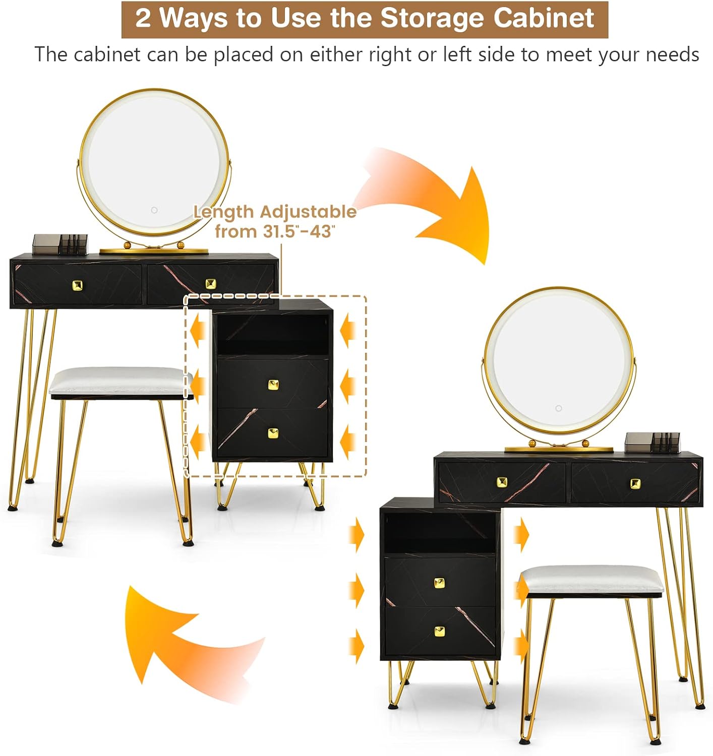 CHARMAID Vanity Desk with Reversible Side Cabinet, Makeup Vanity Table with Lighted Mirror, 3 Color Lights, 4 Drawers, Bedroom Dressing Table with Nightstand and Stool, Marble Black