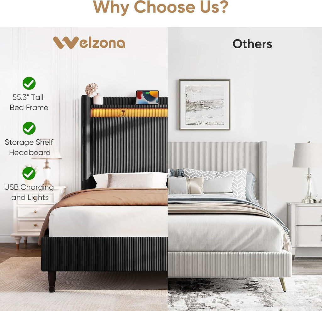 Queen Size Bed Frame with Tall Headboard, 55.3' Upholstered Platform Bed with LED Lights & Charging Station, Elegant Corduroy Bedframe, 2-tier Storage Wingback Headboard, No Box Spring Needed, Black