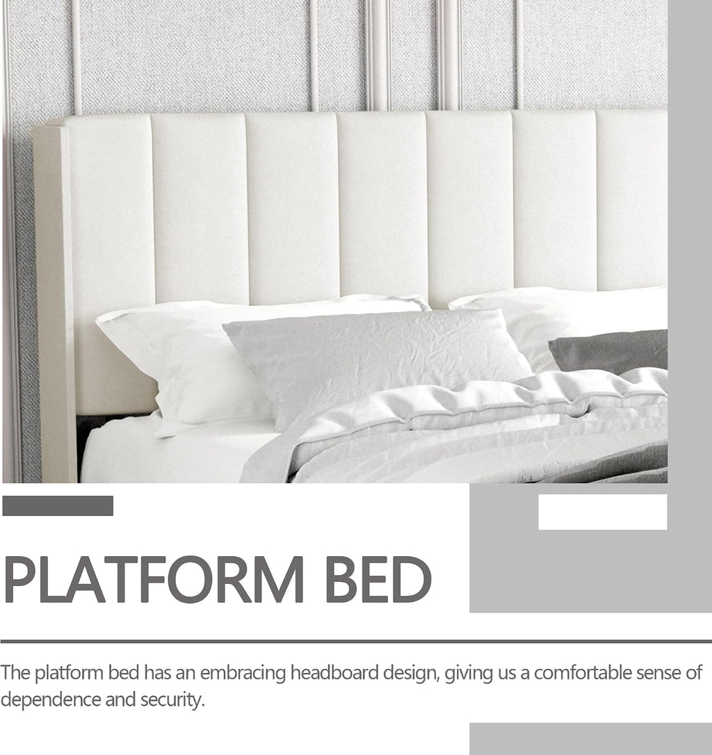 King Size Bed Frame with Headboard, Modern Upholstered Velvet Platform Bed, Heavy Duty Wooden Slats Support, No Box Spring Needed, Noise-Free & Easy Assembly, Beige