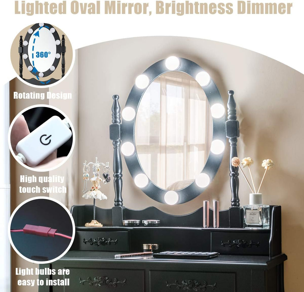 DORTALA Vanity Table Set, Makeup Dressing Table with 10 Dimmable Bulbs Lighted Mirror & 4 Drawers, Cushioned Stool, Solid Wood Leg, Classic Dressing Table Set for Home, Salon, Black