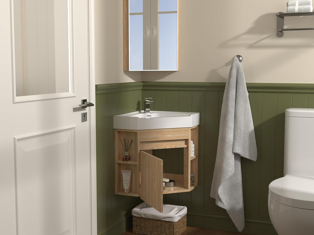 Tennant Brand 18 Inch Wall Mount Corner Bathroom Vanity with Matte Solid Surface (Light Oak)