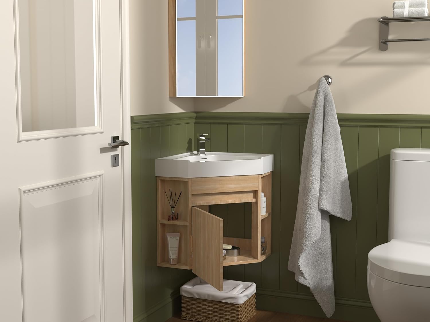 Tennant Brand 18 Inch Wall Mount Corner Bathroom Vanity with Matte Solid Surface (Light Oak)