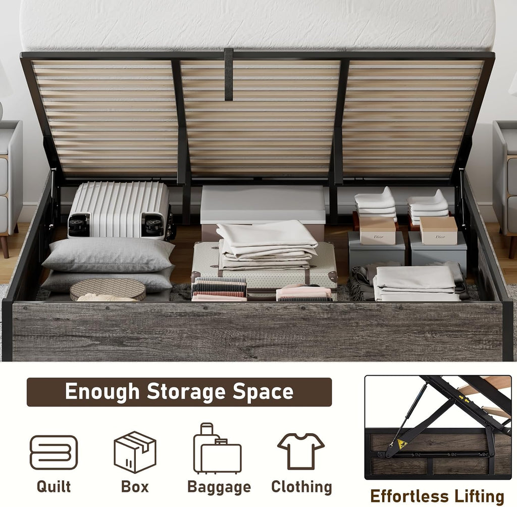 LUXOAK King Size Lift Up Storage Platform Bed Frame, Metal Bed Frame with Wooden Slats Support, No Box Spring Needed, Large Storage Space, Noise Free, Easy Assembly, Rustic Grey