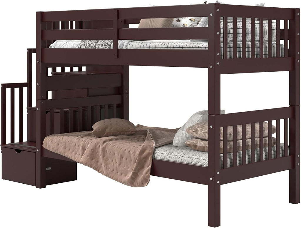Bedz King Stairway Bunk Beds Twin Over Twin, 3 Step Drawers, Dark Cherry