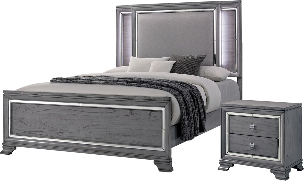 Furniture of America Zenka Solid Wood 2-Piece Bedroom Set, California King-Size Bed with LED Light Trim and 2-Drawer Nightstand, Box Spring Required, Light Gray