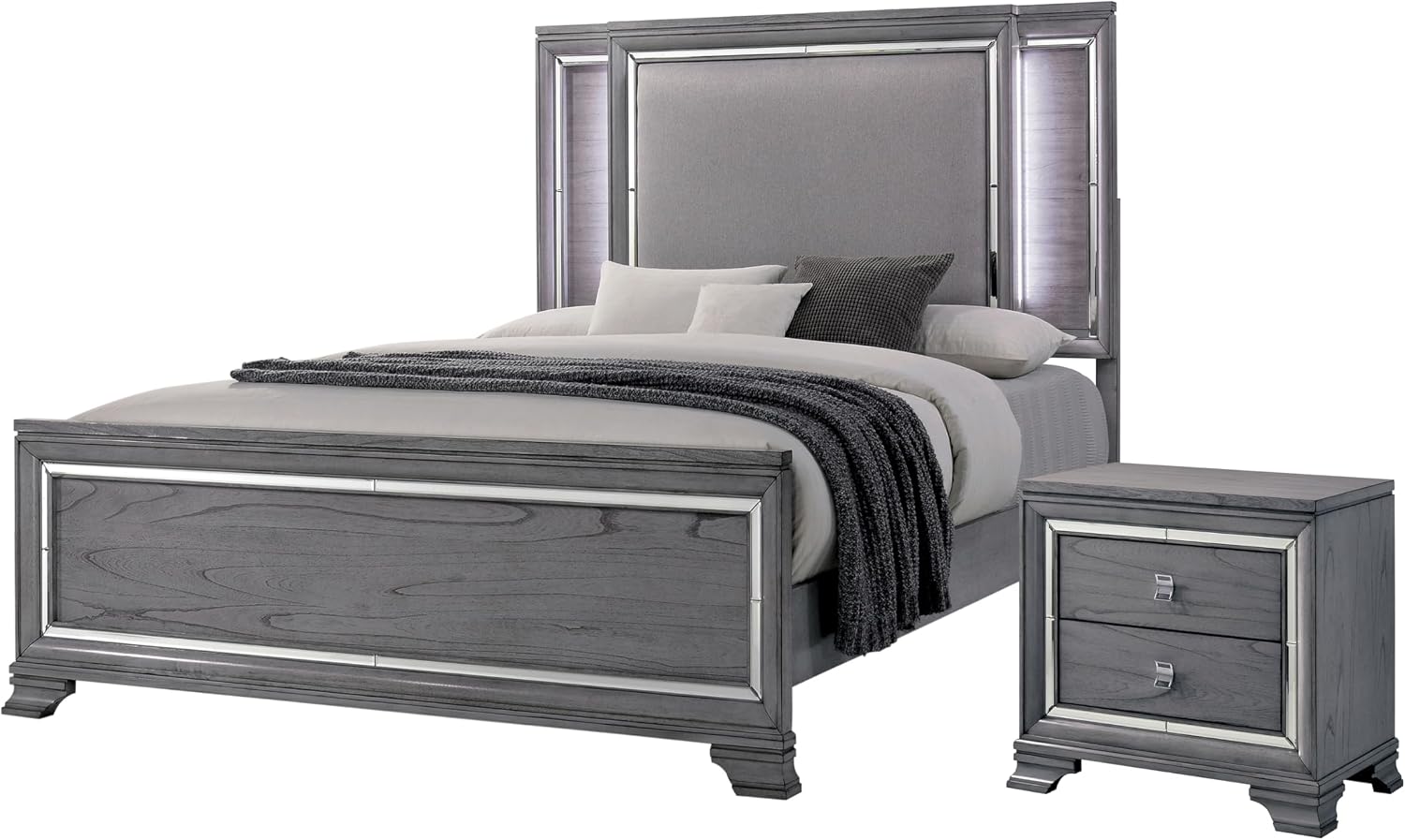 Furniture of America Zenka Solid Wood 2-Piece Bedroom Set, California King-Size Bed with LED Light Trim and 2-Drawer Nightstand, Box Spring Required, Light Gray
