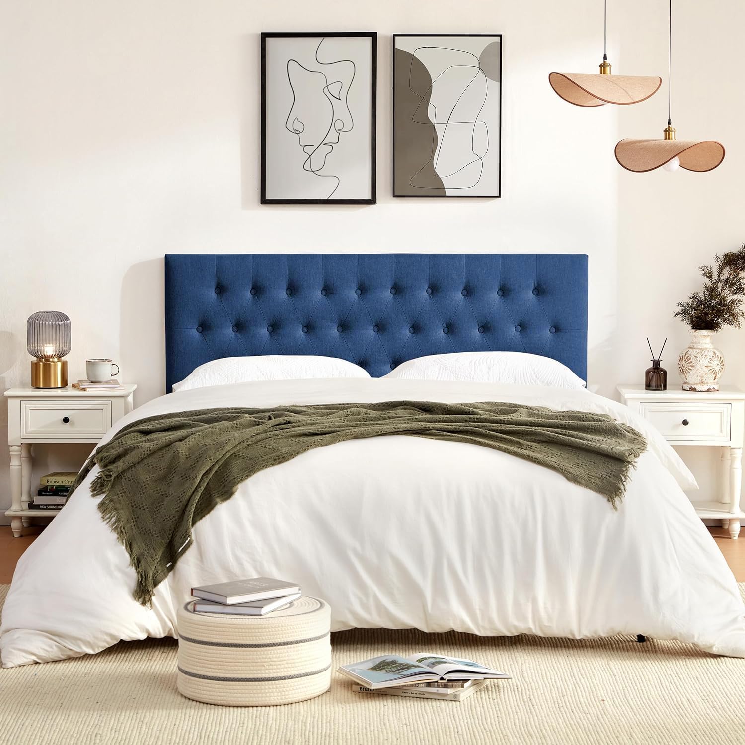 Huatean Home Tufted Upholstered Headboard King Size, Solid Wood Head Board with Durable Metal Legs, Adjustable Height Bed headboard from 37' to 51' Fabric Headboard in Modern Button Design, Blue