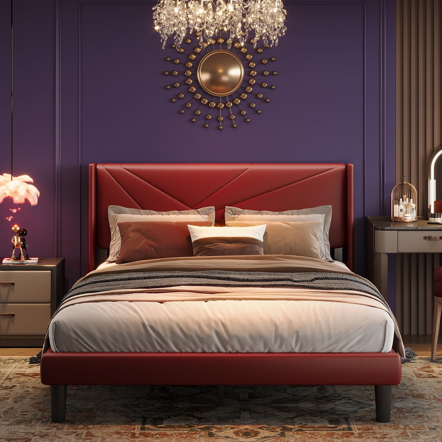 Queen Size Bed Frame with Upholstered Wingback Headboard, Easy Assemnly Platform Bed and Heavy Duty Wooden Slats Support, Noise-Free, No Box Spring Needed (Burgundy, Queen)