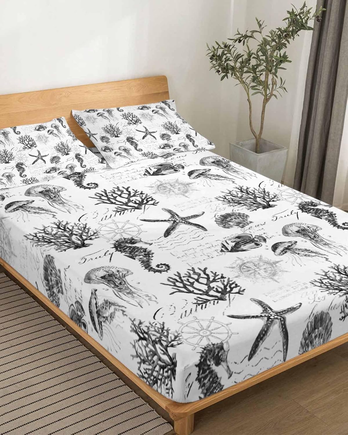 Gray Coastal Cal King Sheet Set 4 Piece Bedding - Retro Nautical Starfish Coral Jellyfish Breathable Comfy Cooling Bed Sheets & Pillowcase Sets,Hotel Luxury Flat Sheets Deep Pockets Fitted Sheet