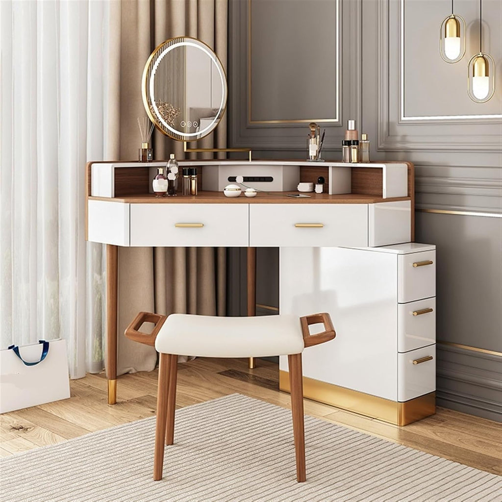 Makeup Vanity Desk Modern Corner Vanity Large Size Dresser with Cabinet and Rotating Mirror Makeup Dressing Table