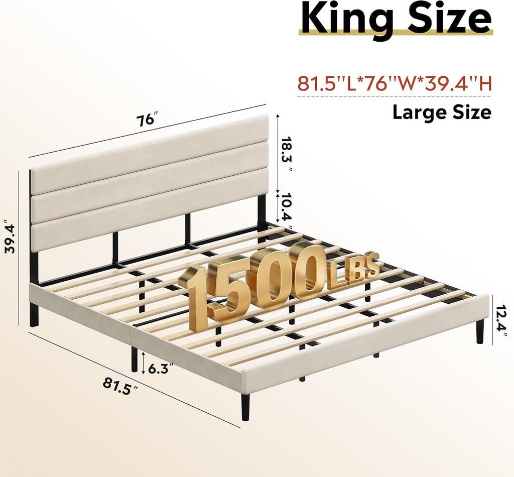 WLIVE Upholstered Bed Frame, King Size Bed Frame with Headboard, Platform Bed with Wood Slats, 1500LBS Mattress Foundation, No Box Spring Needed, Easy Assembly, Velvet Beige